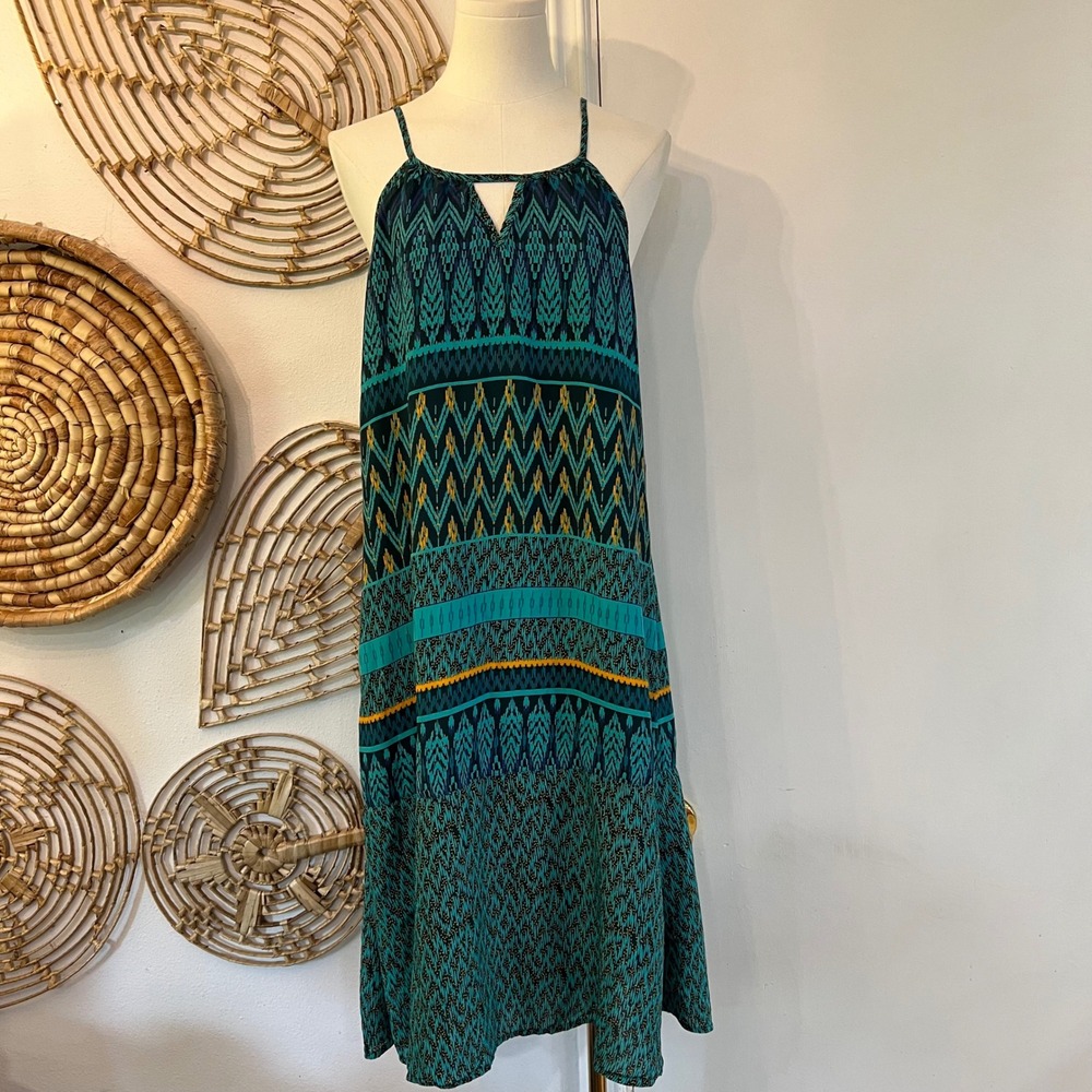 Prana Teal Blue Ikat Print Nari Midi Dress Boho Tribal Halter Viscose Small - Picture 5 of 9